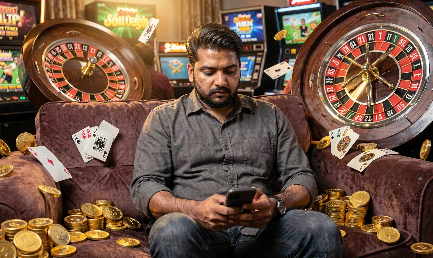 Focused Bangladeshi player using the 47OK casino app on his phone with glowing roulette wheels and floating coins in a dynamic gaming scene