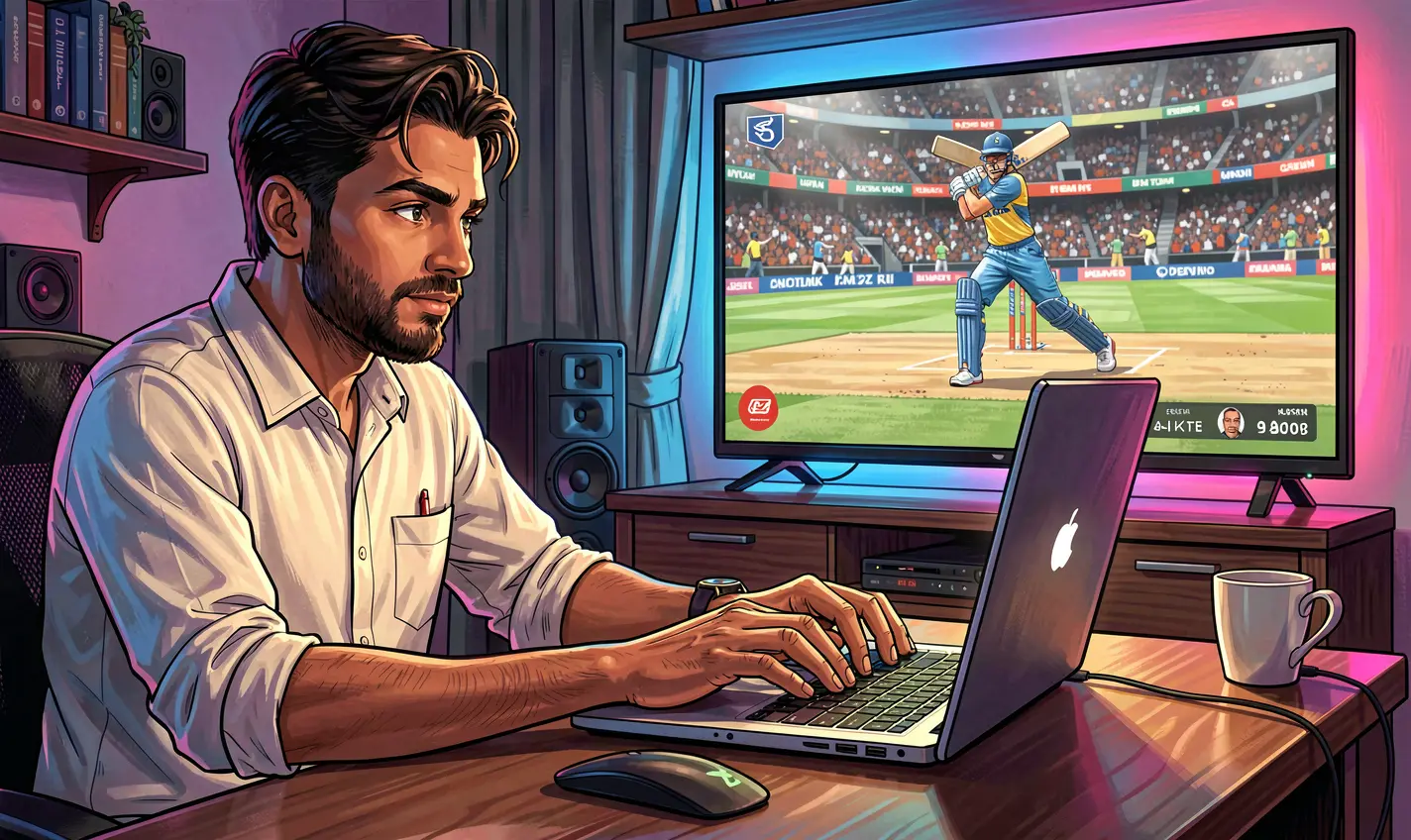 Focused Bangladeshi sports bettor using a laptop at home with live cricket streaming while placing bets through the secure 47OK platform