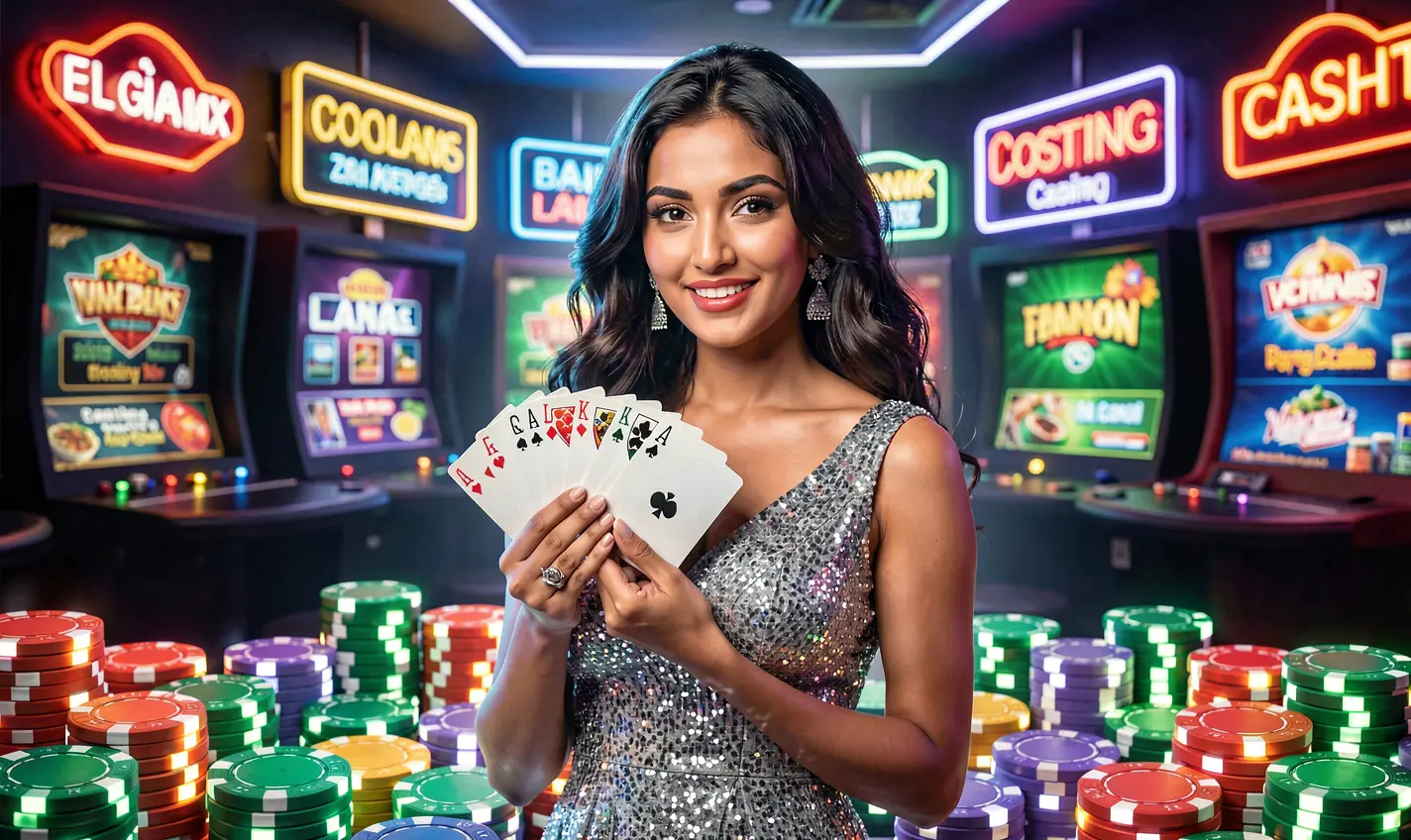 Elegant casino atmosphere with a glamorous woman holding cards and stacked chips highlighting the premium gaming experience and welcome offers at 47OK for players in Bangladesh