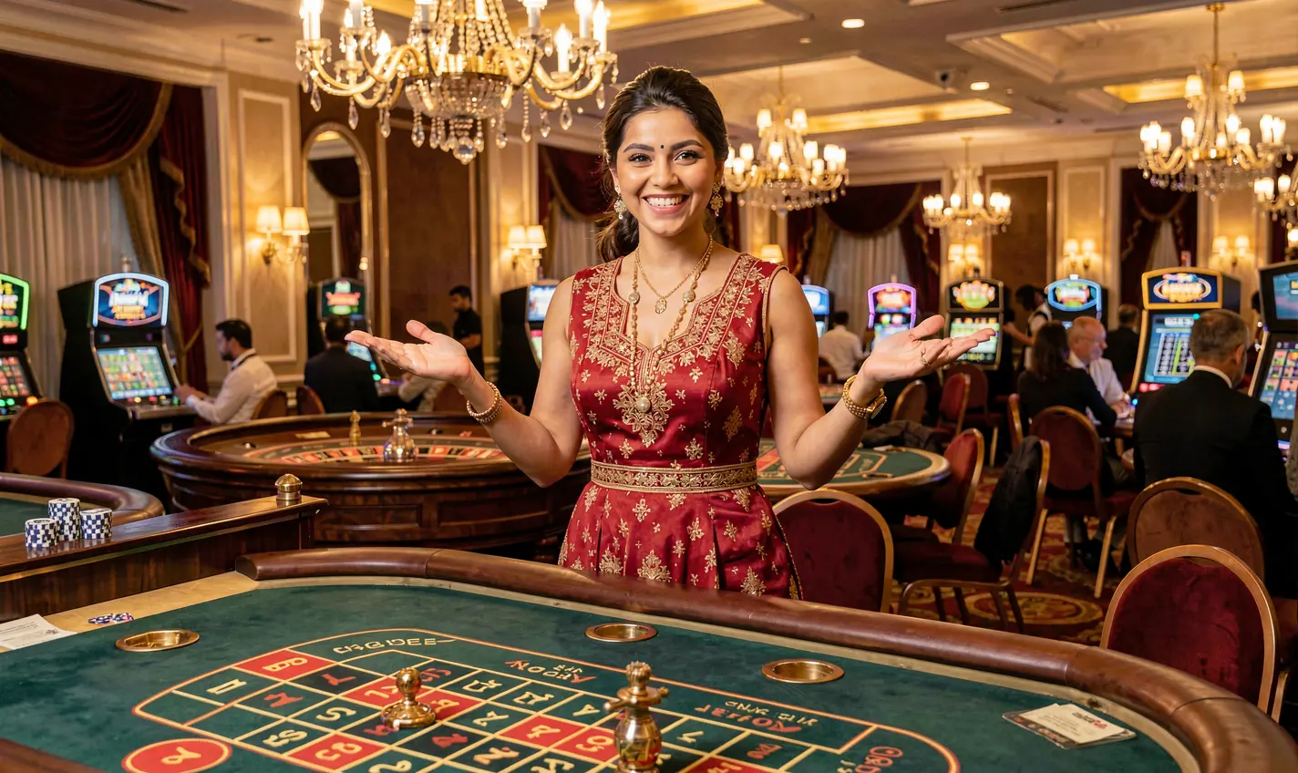 Elegant live casino dealer at a roulette table with a welcoming gesture inside a luxurious gaming hall highlighting the premium atmosphere of 47OK Casino for players in Bangladesh