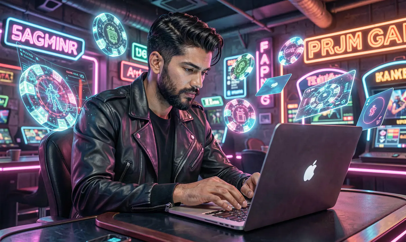 Modern casino gaming scene with digital cards and chips around a laptop highlighting the variety of online games available at 47OK in Bangladesh