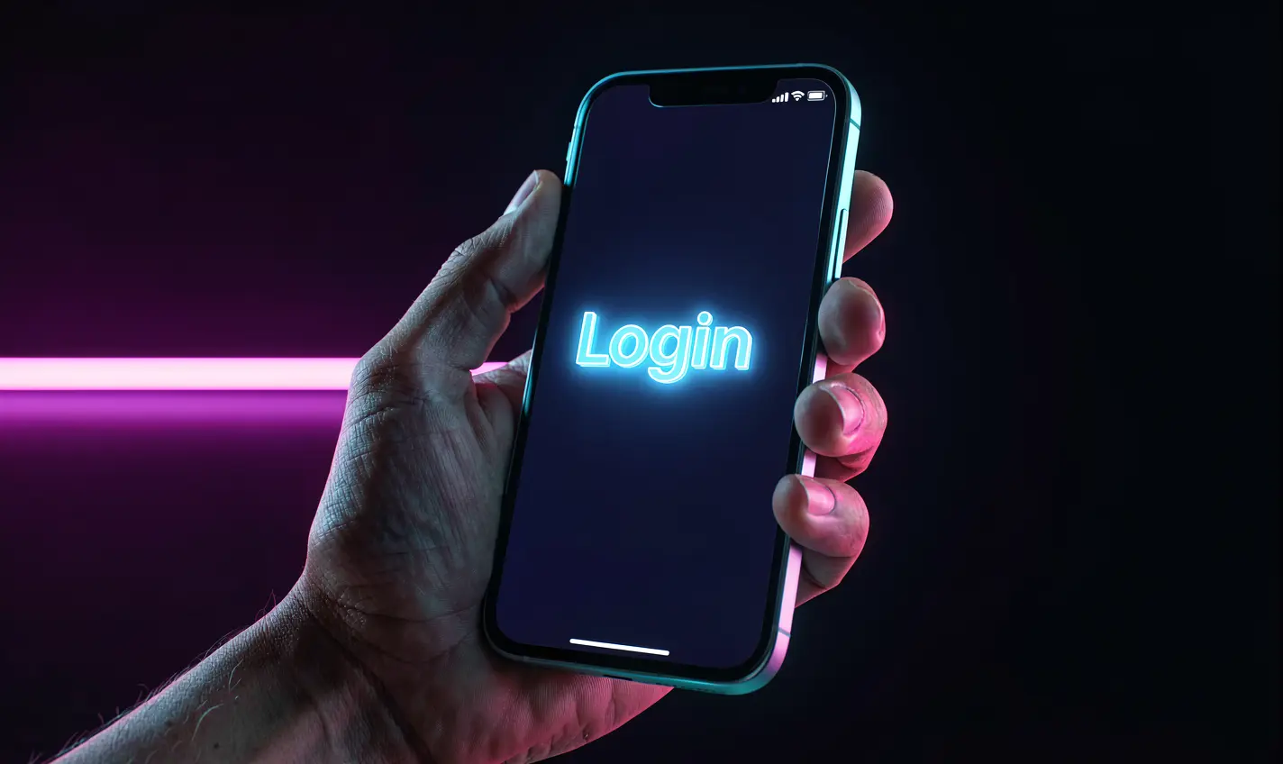 Close up of a hand holding a smartphone with a bright login screen showing secure access to the 47OK casino account in Bangladesh