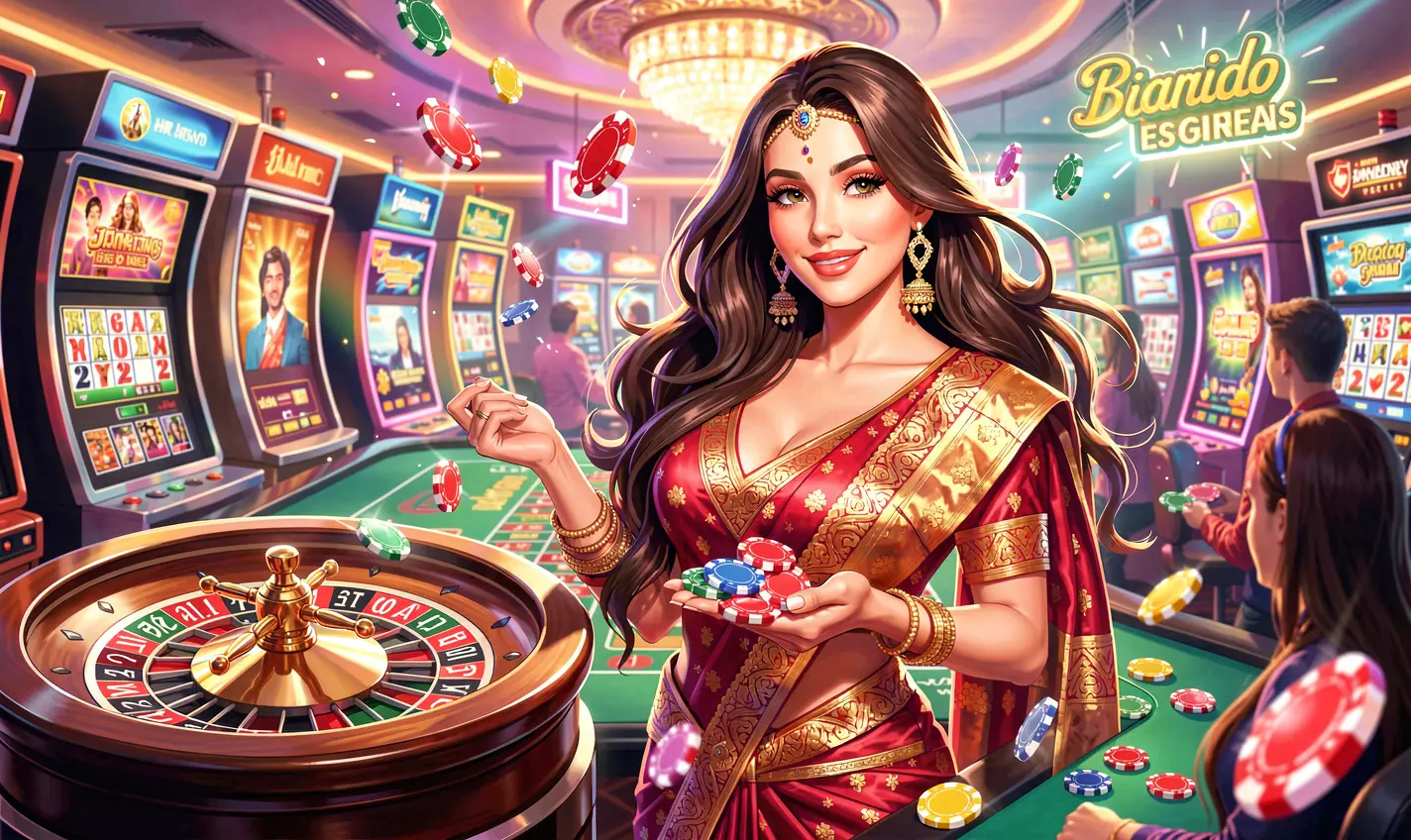 Confident casino dealer holding poker chips in a vibrant gaming atmosphere representing the excitement and high quality entertainment of 47OK casino in Bangladesh