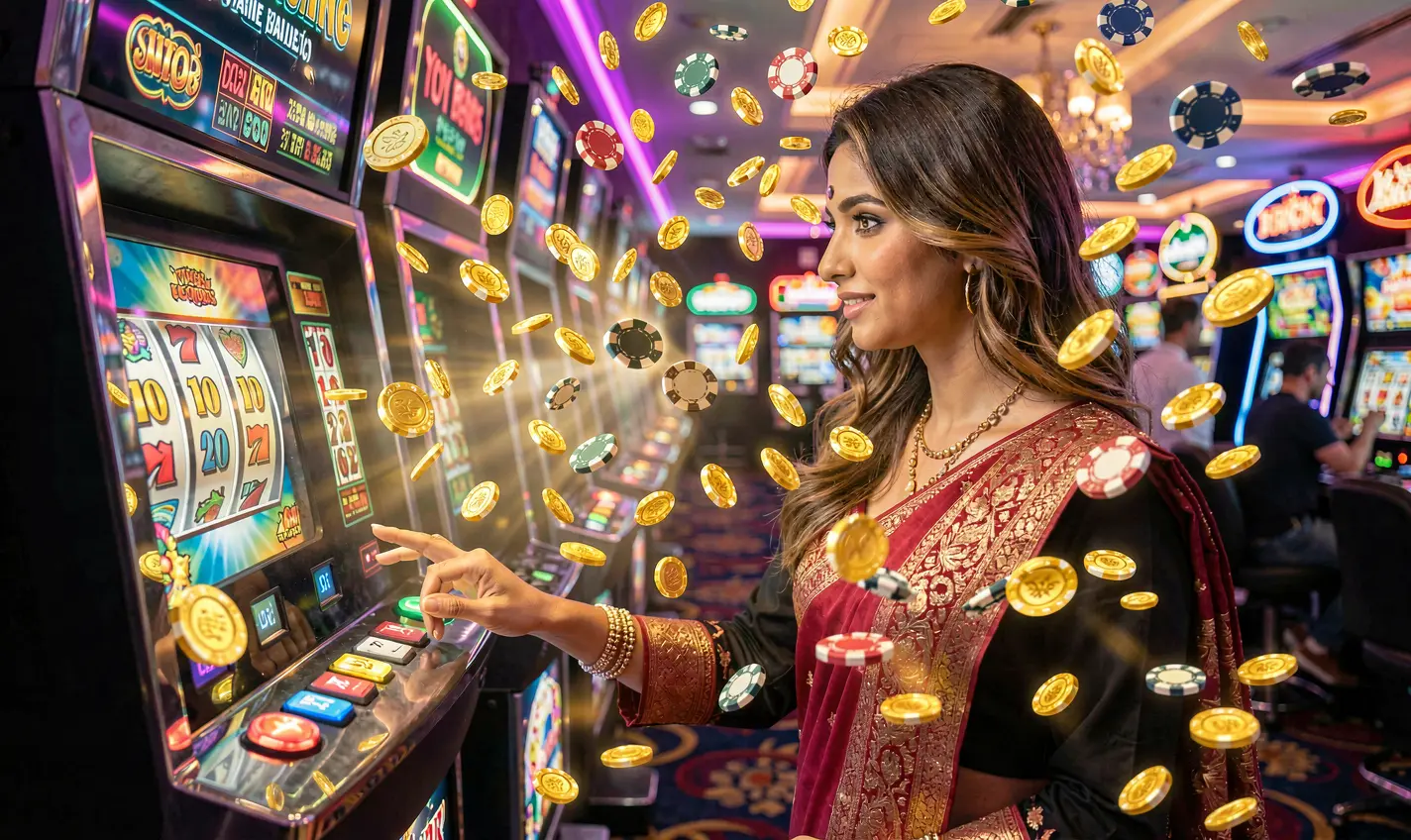 A glamorous player enjoying vibrant slot gameplay with flying gold coins on a neon casino background at 47OK online casino in Bangladesh